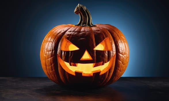 A jack-o'-lantern with a carved face sits on a black surface. The pumpkin is illuminated from within by a lit candle, casting a warm glow.