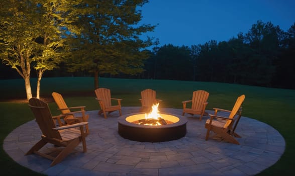 A fire pit burns brightly in a circle of stone pavers, surrounded by five wooden chairs. The fire crackles in the evening air, casting a warm glow on the chairs and the surrounding grass