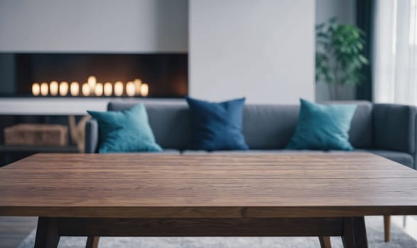 A wooden coffee table is in the foreground with a sofa with blue pillows and a fireplace in the background.