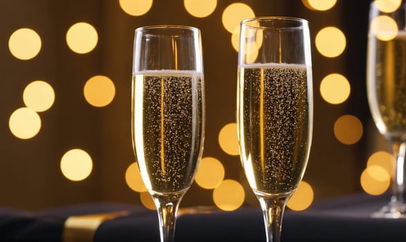 Two champagne flutes filled with sparkling wine are set on a table with a blurred background of warm, yellow circular lights.