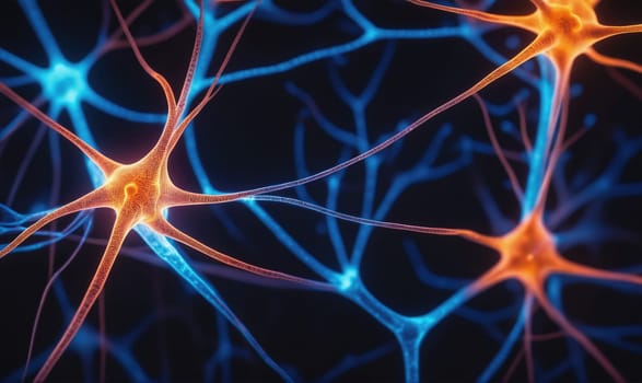 A microscopic view of neurons, with their branching axons and dendrites, creating a complex network. The neurons are highlighted in bright colors.