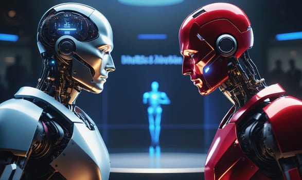 A silver robot and a red robot stand face-to-face in a futuristic room with a blue robot figure in the middle. The robots have a serious expression and appear to be in an intense confrontation.