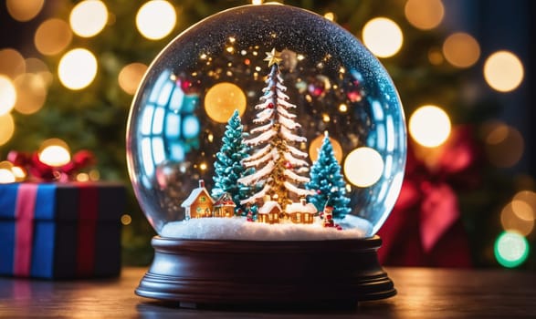 A snow globe with a miniature winter village inside sits on a wooden table. The snow globe is surrounded by out-of-focus Christmas lights, and a wrapped gift is visible in the foreground.