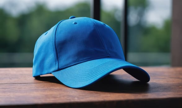 A blue baseball cap is sitting on a wooden surface. The cap is lying flat, with the brim facing the viewer. The background is out of focus, and it appears to be a green leafy plant.