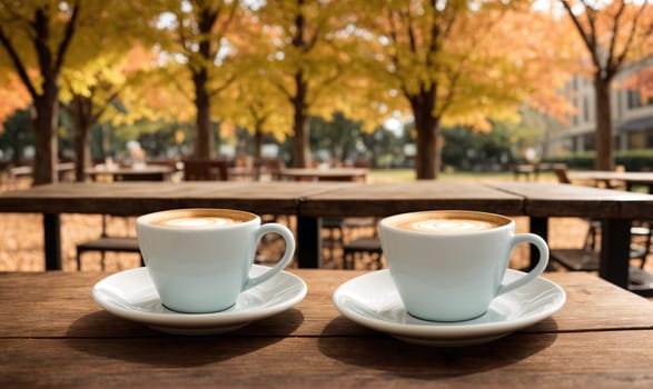 Two white ceramic mugs filled with coffee sit on a wooden table, surrounded by fallen leaves. In the background, trees with yellow leaves create a blurry autumnal backdrop.