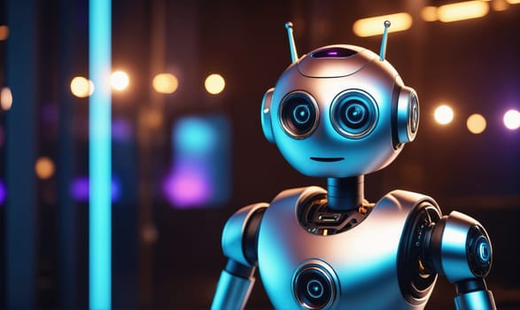 A humanoid robot with a silver body and blue eyes is standing in front of a blurry background with colorful lights. The robot is looking directly at the viewer.