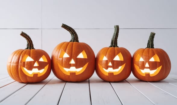 A row of four jack-o'-lanterns sits on a white wooden surface. Each pumpkin has a carved, smiling face and is lit from within, casting a warm glow.