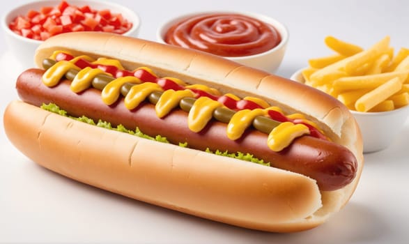 A hot dog in a bun with mustard, ketchup, and relish. There is a side of french fries and a bowl of diced tomatoes in the background.