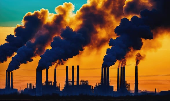 Industrial smoke plumes rise from a factory against an orange sunset sky. The dark silhouettes of chimneys and factory buildings stand out against the fiery background.