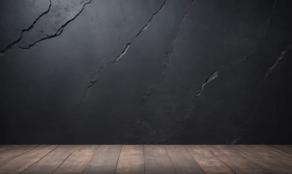 A dark grey wall with several cracks. The wall appears to be made of stone or concrete. A wooden floor is in front of the wall.