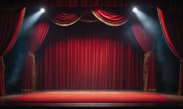 A red stage curtain with gold trim is pulled closed, with two spotlights illuminating the empty stage. The curtain is made of velvet, and the stage is wooden