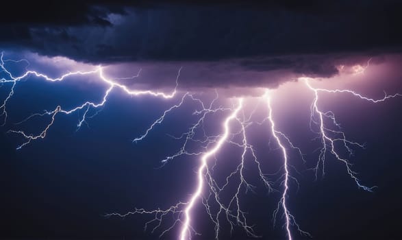 A bright, white lightning bolt is seen striking through a dark sky filled with thunderclouds. The bolt appears to be splitting into several branches.