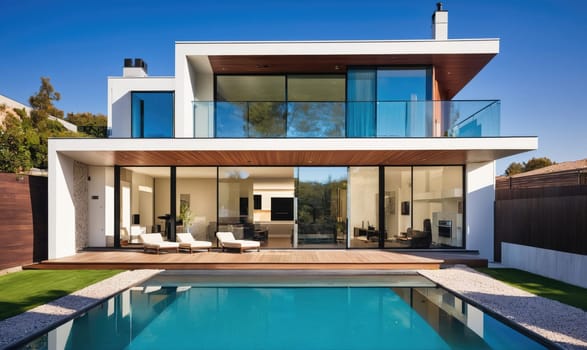 The image shows a white modern home with a glass balcony and large windows overlooking a swimming pool. There is a deck in front of the home and grass surrounding the pool. The sky is blue and clear.