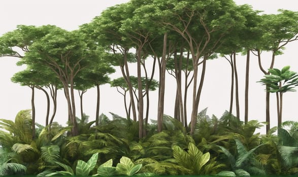 A dense cluster of tall trees with large green leaves stand in a tropical forest. The trees are illuminated by bright sunlight, casting long shadows on the forest floor.