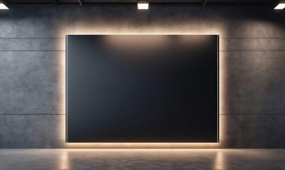A large, dark canvas hangs on a rough, textured concrete wall. It is framed by a thin strip of warm, ambient light. The wall is lit by overhead spotlights and the reflected light from the canvas.