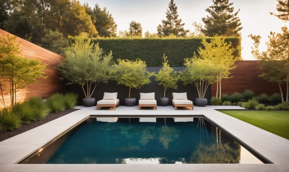 A rectangular swimming pool with a dark blue tiled bottom is surrounded by white stone. There are four lounge chairs facing the pool, with trees and hedges behind them