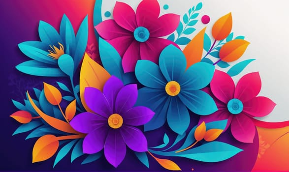 The image features a close-up of colorful paper flowers in shades of blue, purple, pink, and orange. The flowers have a three-dimensional quality, giving the impression that they are made from paper.