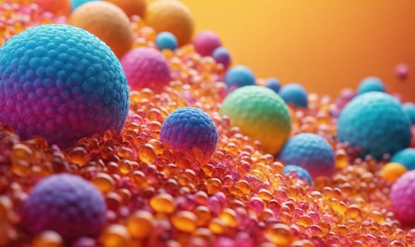A cluster of large, colorful spheres rest on top of a densely packed bed of smaller spheres