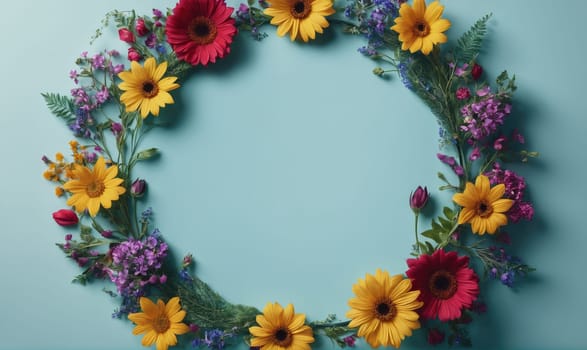 A wreath of yellow, red, and purple flowers arranged in a circle on a light blue background.