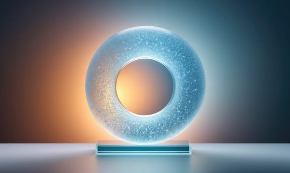 A glass sculpture shaped like a ring sits on a clear, rectangular glass base. The sculpture is illuminated from behind, creating a halo effect