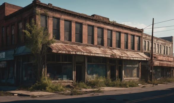 Several brick buildings with large storefront windows are lined up in a row along a paved street. The windows are boarded up and overgrown with vegetation