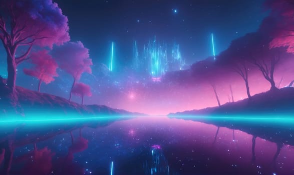 A colorful scene depicting a still lake surrounded by trees at night. The sky is filled with blue and pink light with neon lights shining down, creating a glowing effect on the water