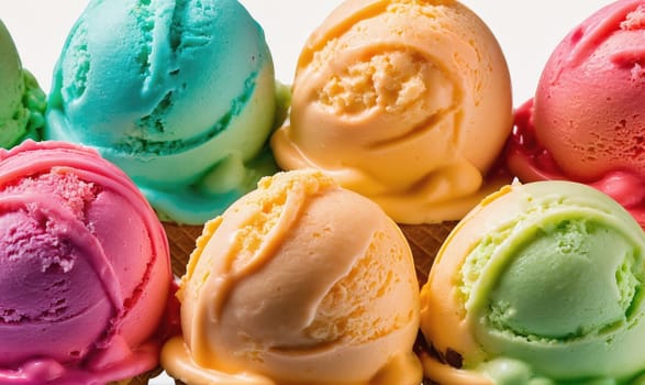 A group of five ice cream scoops in various colors, including pink, green, blue, and orange. The ice cream is piled high and has a smooth, creamy texture.
