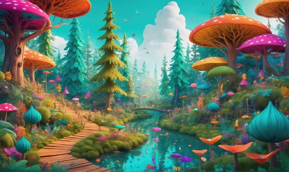 An illustration of a fantasy forest with a path winding through a valley, leading toward a blue stream. The forest is filled with tall, green trees and large, colorful mushrooms