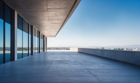 A concrete rooftop patio with a glass wall on the left, leading to a view of a city skyline. The sky is blue and the day is sunny.