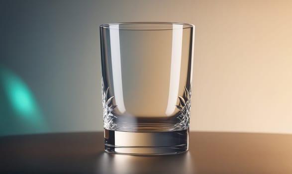 A tall, clear glass with an etched design is on a brown table. The glass is empty. The background is blurry and appears to be a window with sunlight streaming through.