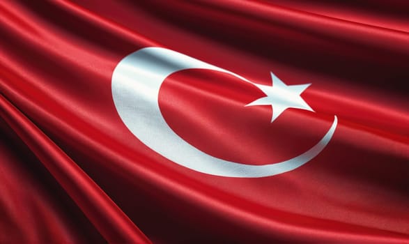 A close-up view of the Turkish flag, showing its red background with a white crescent moon and star in the center. The fabric has a smooth, silky texture and is gently flowing in the wind.