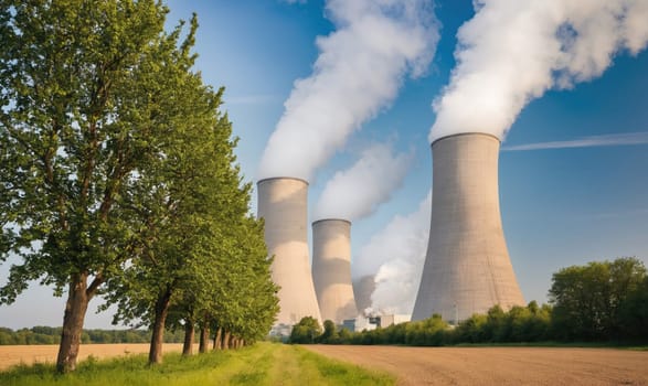Three cooling towers emit steam into the sky. There are a few trees in the foreground, a field of grass, and a field of brown, dried up vegetation behind the towers.