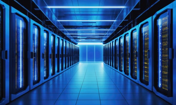 Rows of server racks are lined up in a hallway, the racks are lit from within with bright blue light, casting a blue glow across the entire room.