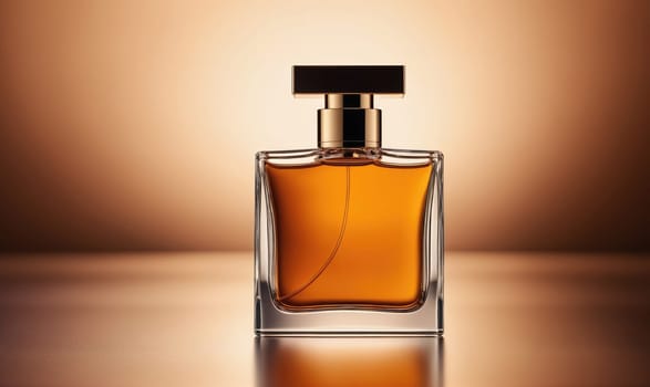 A glass bottle of perfume with a gold cap sits on a table. The perfume is a light amber color and the bottle is square-shaped. The background is a soft, warm brown.