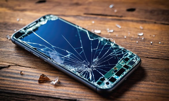 A smartphone with a cracked screen lies on a wooden surface. The screen is shattered into a spiderweb of cracks, and pieces of glass are scattered around the phone.