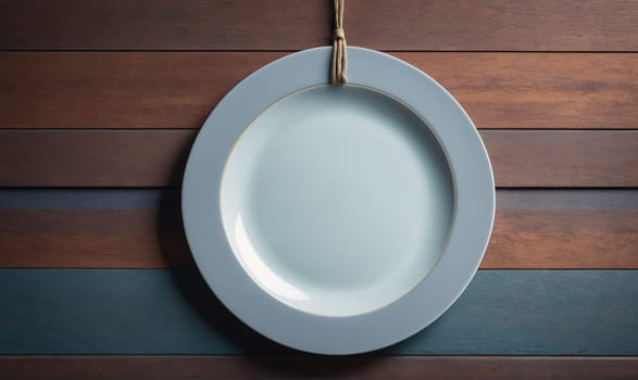 A large, light blue ceramic plate with a thin gold rim is hanging from a wooden wall. The plate is suspended by a piece of brown twine. The wall is made of wood planks stained in a dark brown color.