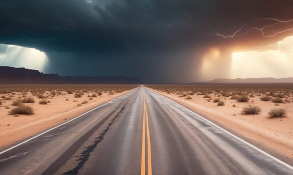 The image shows a long straight road in a desert, with a dark storm cloud and flashes of lightning in the sky. The road is lined with small shrubs and bushes, and the sand is a light brown color.