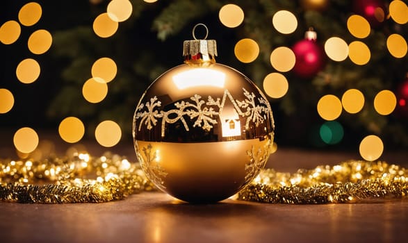 A gold Christmas ornament with a snowflake design is sitting on a table. There is gold tinsel in the foreground, and a blurry background of golden lights.