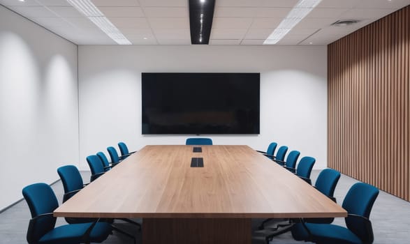 A long wooden table with blue chairs lines each side, facing a large screen in the back of the room. The room has white walls and a wooden wall to the right of the table.
