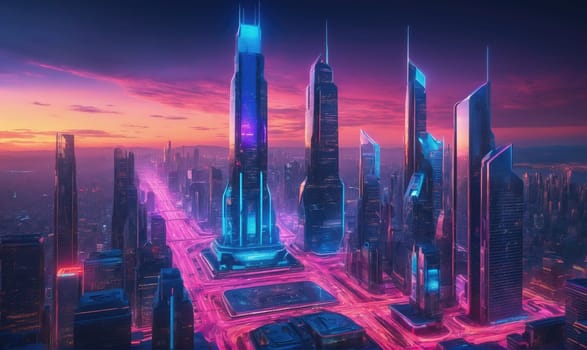 A digital illustration of a futuristic city with tall buildings and a vibrant pink and blue color scheme