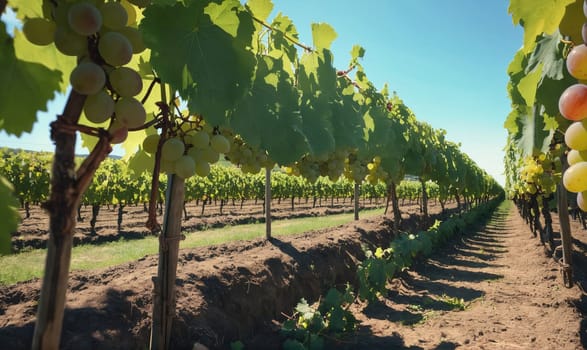 A long row of grapevines with green leaves and ripe grapes stretches out on a sunny day. The vines are growing along a trellis in a neat row. The ground is a mixture of dirt and grass.