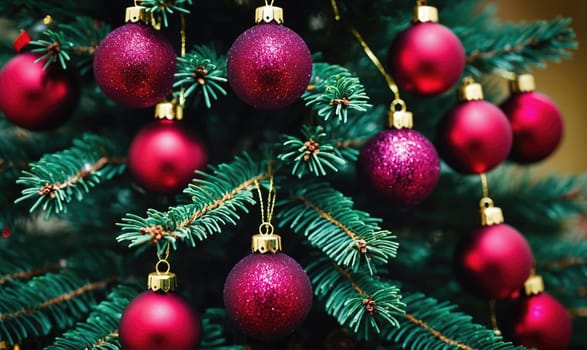 Red, shiny ornaments with gold trim are hanging from the branches of a Christmas tree.