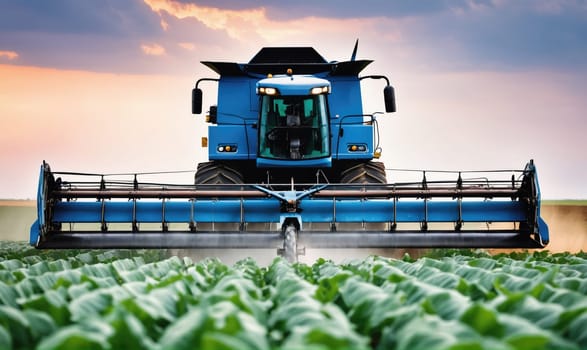 A blue combine harvester with a large header moves through a field of crops. The sun is setting in the background, creating a warm glow.