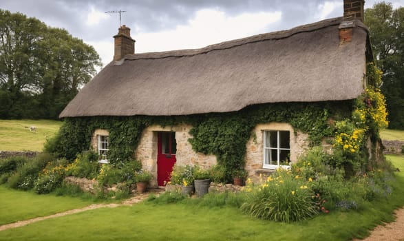 A quaint cottage with a thatched roof and overgrown with vines stands in a grassy field. The building has a red door and multiple windows. The front yard is landscaped with flowers and shrubs.