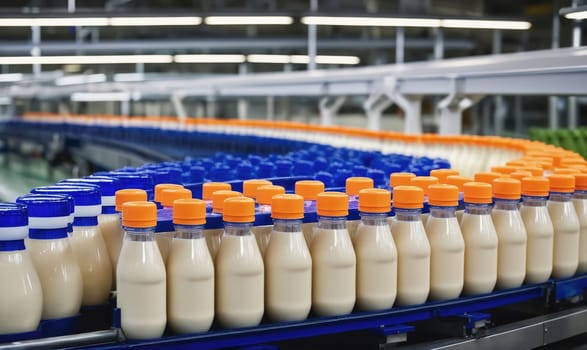 A conveyor belt moves rows of small, clear bottles filled with milk. The bottles have orange caps and blue and white labels
