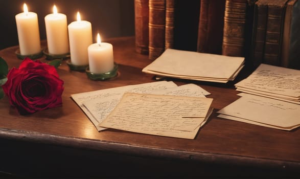 A single red rose is placed on a wooden table beside four lit candles. Several pieces of paper with handwritten text are scattered across the table. There are stacks of old books in the background.