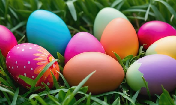 Several Easter eggs in various colors, including blue, pink, yellow, purple, orange, and green, are arranged in a bed of green grass. The eggs are decorated with polka dots and flowers.