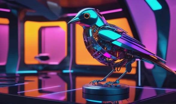 A chrome-plated robotic bird, with visible internal gears, is perched on a circular platform. It is surrounded by a setting with bright, colorful neon lights