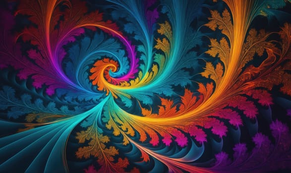 A digitally created image of a swirling, rainbow-colored fractal pattern. The fractal resembles leaves twisting and turning around a central point. The background is a dark, almost black, color.