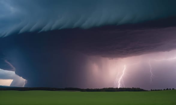 A dark, ominous storm cloud dominates the sky, casting a shadow over a field of green grass